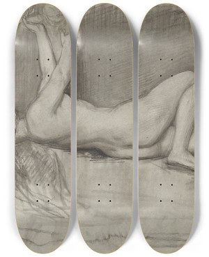 Triptych art skateboard deck of August Alleb Naaktstudie Van Achteroverliggende Vrouw by August Allebe (1838-1927)