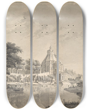 Triptych art skateboard deck of Dirk Verrijk A View Of The Wittevrouwenpoort Utrecht by Dirk Verrijk (1734-1786)