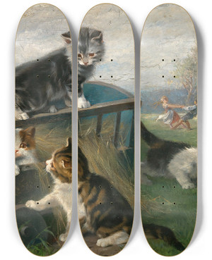 Triptych art skateboard deck of Julius Adam The Younger Kittens Playing On A Cart In The Meadow by Julius Adam The Younger (1852-1913)
