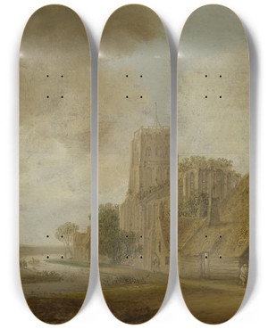 Triptych art skateboard deck of Wouter Knijff River And Church In Ruins by Wouter Knijff (1607-1693)