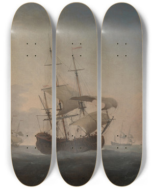 Triptych art skateboard deck of Willem Van De Velde The Younger English Warships Heeling In The Breeze Offshore by Willem van de Velde the Younger (1633-1707)