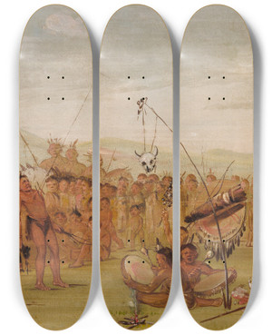 Triptych art skateboard deck of George Catlin Selftorture In A Sioux Religious Ceremony by George Catlin (1796-1872)