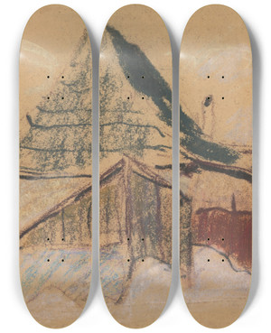Triptych art skateboard deck of Zolo Palugyay Mountain Cabin by Zolo Palugyay (1898-1935)