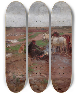 Triptych art skateboard deck of Hugo Mhlig Peasants With Horses by Hugo Muhlig (1854-1929)