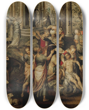 Triptych art skateboard deck of Joachim Beuckelaer Saint Paul Et Saint Barnab Lystre by Joachim Beuckelaer (1530-1574)
