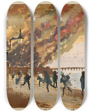 Triptych art skateboard deck of Kobayashi Kiyochika Great Fire At Rygoku Sketched From Hamach January 26 1881 by Kobayashi Kiyochika (1847-1915)