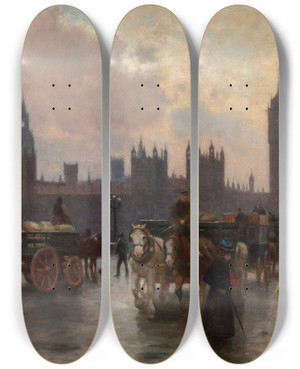 Triptych art skateboard deck of Alberto Pisa The Houses Of Parliament From The Westminster Bridge by Alberto Pisa (1864-1936)
