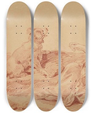 Triptych art skateboard deck of Jeanbaptiste Huet Bergre Assise Avec Son Chien by Jean-Baptiste Huet (1745-1811)