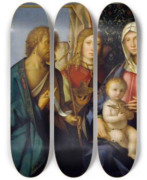 Triptych art skateboard deck of Boccaccio Boccaccino Virgin And Child With Saints And A Donor 15051515 by Boccaccio Boccaccino (1466-1525)