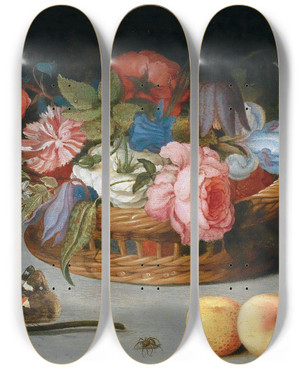 Triptych art skateboard deck of Balthasar Van Der Ast Roses Tulips Irises And Other Flowers In A Wicker Basket With Fruit And Insects On A Ledge_2 by Balthasar Van Der Ast (1593-1657)