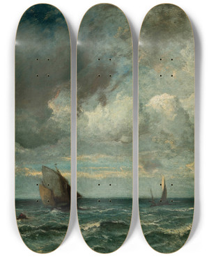 Triptych art skateboard deck of Jules Dupr Barks Fleeing Before The Storm by Jules Dupre (1811-1889)
