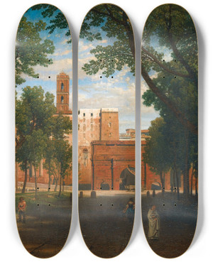 Triptych art skateboard deck of Eugneferdinand Buttura Rome A View Of The Campo Vaccino by Eugene Ferdinand Buttura (1812-1852)