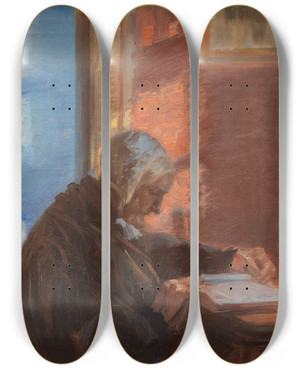 Triptych art skateboard deck of Anna Ancher The Artists Mother Ane Hedvig Brndum In The Red Room by Anna Ancher (1859-1935) Triptych art skateboard deck of Anna Ancher The Artists Mother Ane Hedvig Brndum In The Red Room by Anna Ancher (1859-1935)