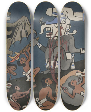 Triptych art skateboard deck of Diego Rivera Human Sacrifice Before Tohil by Diego Rivera