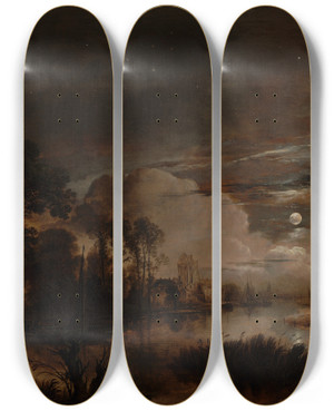 Triptych art skateboard deck of Aert Van Der Neer Moonlit Landscape With A View Of The New Amstel River And Castle Kostverloren by Aert van der Neer (1603-1677)
