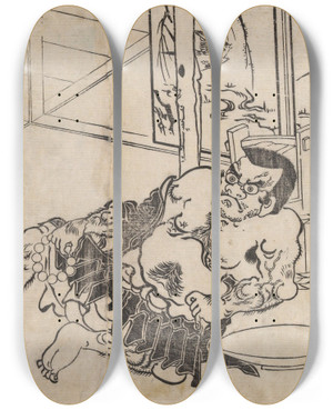 Triptych art skateboard deck of Okumura Masanobu Sakata Kanetom Eating At Home by Okumura Masanobu (1686-1764)