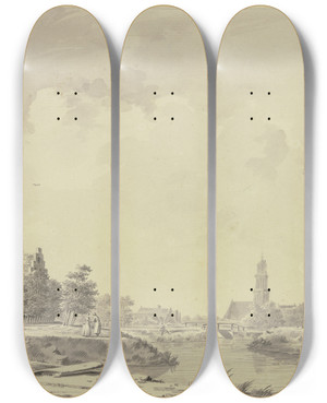 Triptych art skateboard deck of Dirk Verrijk Kanalansicht Im Hintergrunde Eine Stadt Mit Turm Und Brcke Links Bei Einer Tonne Zwei Stehende Herren Und Ein Sitzender Angler by Dirk Verrijk (1734-1786)