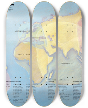 Triptych art skateboard deck of Us Information Agency Worldnet International Broadcast Schedule by U S Information Agency (1953-1999)