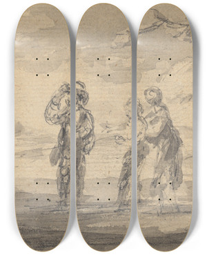 Triptych art skateboard deck of Gainsborough Dupont Landscape With Three Figures Cottage And Church Spire by Gainsborough Dupont (1754-1797)