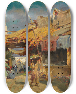 Triptych art skateboard deck of Carl Wuttke Orientalischer Basar by Carl Wuttke (1849-1927)