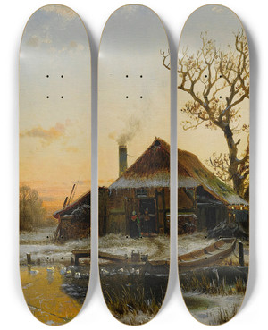 Triptych art skateboard deck of Johannes Bertholomus Duntze A Winter Twilight by Johannes Bertholomaus Duntze (1823-1895)