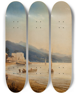 Triptych art skateboard deck of Thodore Gudin The Coast Near Naples by Theodore Gudin (1802-1880)