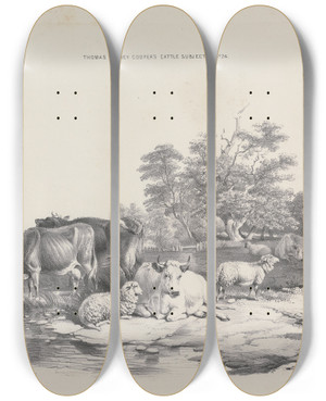 Triptych art skateboard deck of Thomas Sidney Cooper Thomas Sydney Coopers Cattle Subjects Pl24 by Thomas Sidney Cooper (1803-1902)