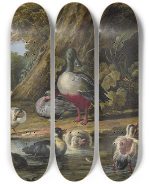 Triptych art skateboard deck of Dirck Dalens Iii Zwei Enten Mit Ihren Jungen Am Wasser by Dirck Dalens Iii