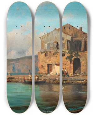 Triptych art skateboard deck of Louis Gurlitt On The Coast Of Sorrento by Louis Gurlitt (1812-1897)