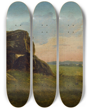 Triptych art skateboard deck of Carlo Dalgas Evening Landscape With A Dolmen Study by Carlo Dalgas (1821-1851)