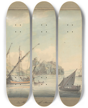 Triptych art skateboard deck of John Thomas Serres Shipping Off The Coast At Amalfi by John Thomas Serres (1759-1825)
