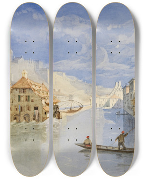 Triptych art skateboard deck of John Sell Cotman The Citadel Above Namur Belgium From The River Sambre by John Sell Cotman (1782-1842)