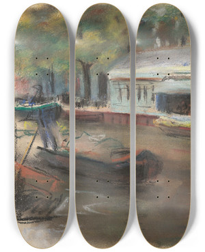 Triptych art skateboard deck of Max Liebermann Gemsemarkt In Delft by Max Liebermann (1847-1935)