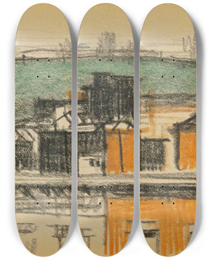 Triptych art skateboard deck of Oscar Bluemner Rooftops Harlem by Oscar Bluemner (1867-1938)