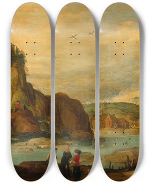 Triptych art skateboard deck of Joos De Momper A Rocky Landscape With Travellers On Horseback Near A Stream by Joos de Momper (1564-1634)