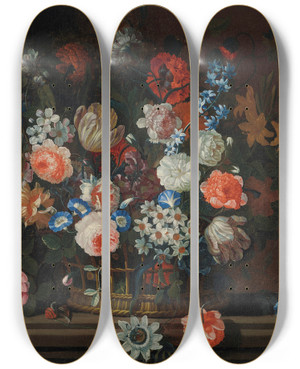 Triptych art skateboard deck of Simon Hardim Flowers In A Wicker Basket On A Stone Ledge by Simon Hardime (1672-1737)