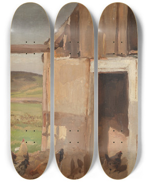 Triptych art skateboard deck of Hans Smidth Hus Med Hnsegrd by Hans Smidth (1839-1917)