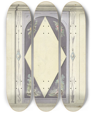 Triptych art skateboard deck of Abraham Meertens Ontwerp Voor Kamerversiering Met Twee Panelen Met Een Ruit In Geel En Groen by Abraham Meertens (1747-1823)