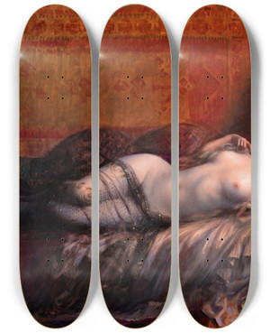 Triptych art skateboard deck of Delphin Enjolras Odalisque by Delphin Enjolras (1857-1945)