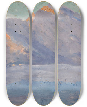 Triptych art skateboard deck of Ernst Schiess Bare Hills In The Evening Glow by Ernst Schiess (1872-1919)