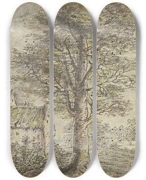 Triptych art skateboard deck of Lucas Van Uden Dorfansicht In Der Mitte Ein Baum by Lucas Van Uden (1595-1672)