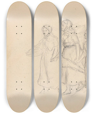 Triptych art skateboard deck of Hans Gude Tre Kvinnefigurer Bad Kissingen by Hans Gude (1825-1903)