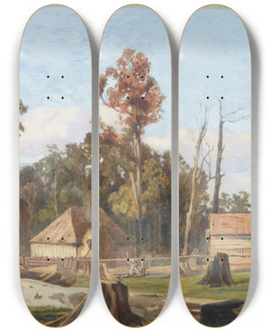 Triptych art skateboard deck of James Crowe Richmond Settlers Home Merton Near New Plymouth by James Crowe Richmond (1822-1898)