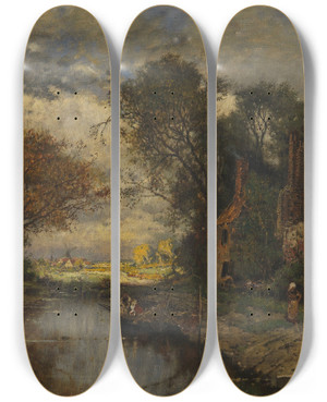 Triptych art skateboard deck of Karl Heffner Idyll Am Kanal by Karl Heffner (1849-1927)