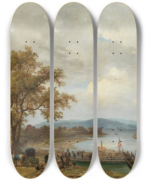 Triptych art skateboard deck of Ignaz Raffalt A Danube Landscape With Ferries by Ignaz Raffalt (1800-1857)