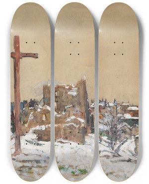 Triptych art skateboard deck of Harvey T Dunn Cross On A Winter Hilltop by Harvey T Dunn (1884-1952)