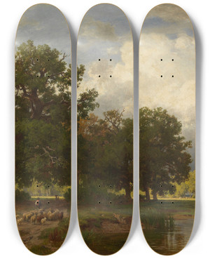Triptych art skateboard deck of Philipp Rth Sommerliche Landschaft Mit Schafherde by Philipp Roth (1841-1921)