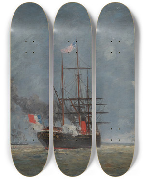 Triptych art skateboard deck of Eugne Boudin Le Havre Navires En Pleine Mer by Eugene Boudin (1824-1898)