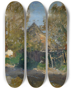 Triptych art skateboard deck of Alfred Zoff Dorfstrae Mit Gehft Unter Bumen by Alfred Zoff (1852-1927)