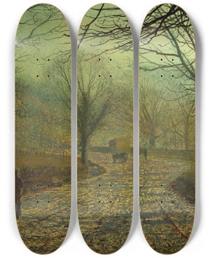 Triptych art skateboard deck of John Atkinson Grimshaw Stapleton Park Near Pontefract by John Atkinson Grimshaw (1836-1893)